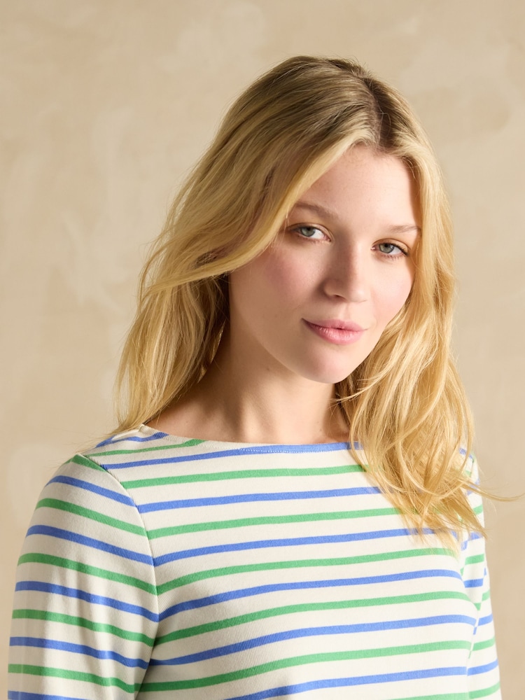 Joules Harbour Green Blue Striped Boat Neck 100% Cotton Breton Top - Image 4 of 7