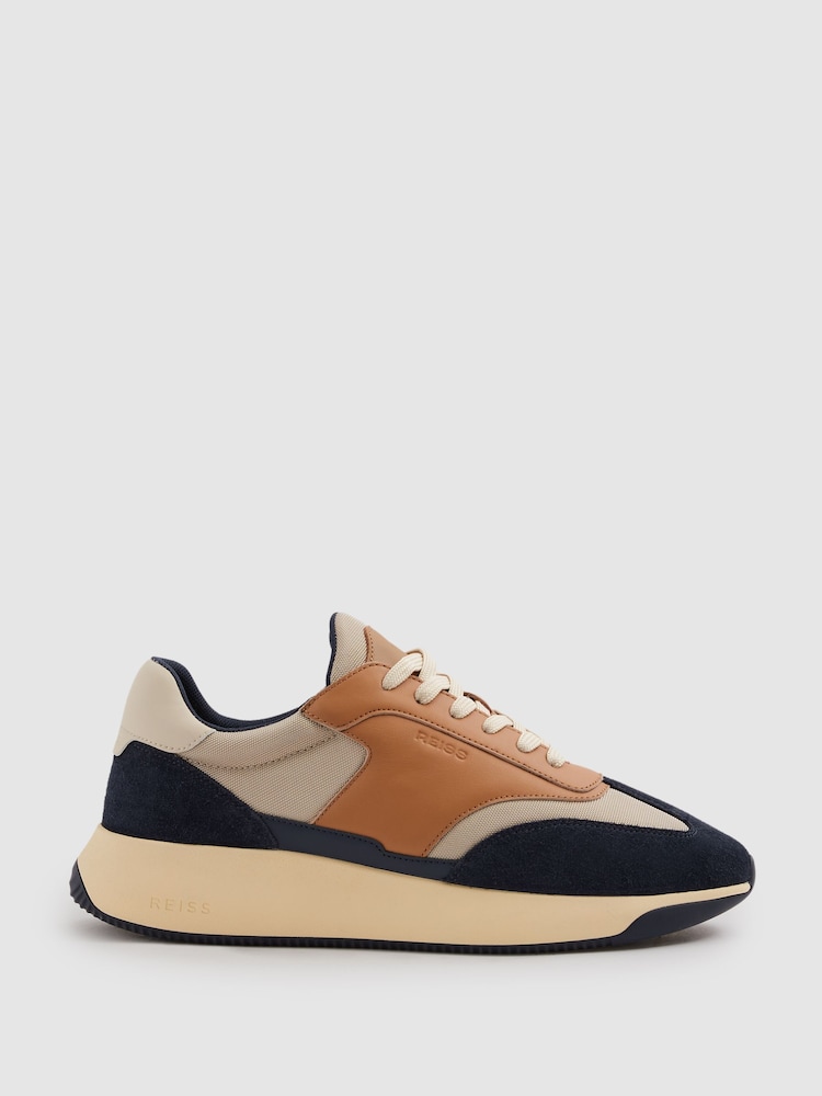 Reiss Navy/Camel Emmett Leather Suede Running Trainers - Image 1 of 5