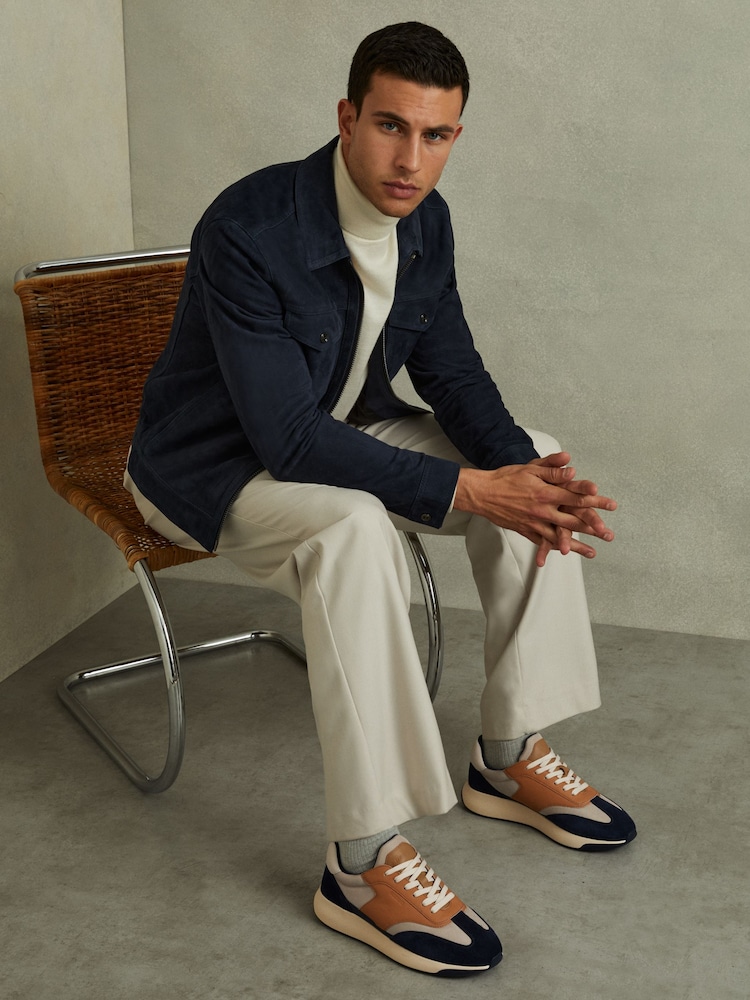 Reiss Navy/Camel Emmett Leather Suede Running Trainers - Image 2 of 5