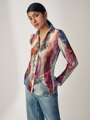 Green Multi Feather Print Pleated Long Sleeve Fitted Shirt - Image 1 of 6