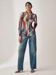 Green Multi Feather Print Pleated Long Sleeve Fitted Shirt - Image 2 of 6