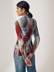 Green Multi Feather Print Pleated Long Sleeve Fitted Shirt - Image 3 of 6