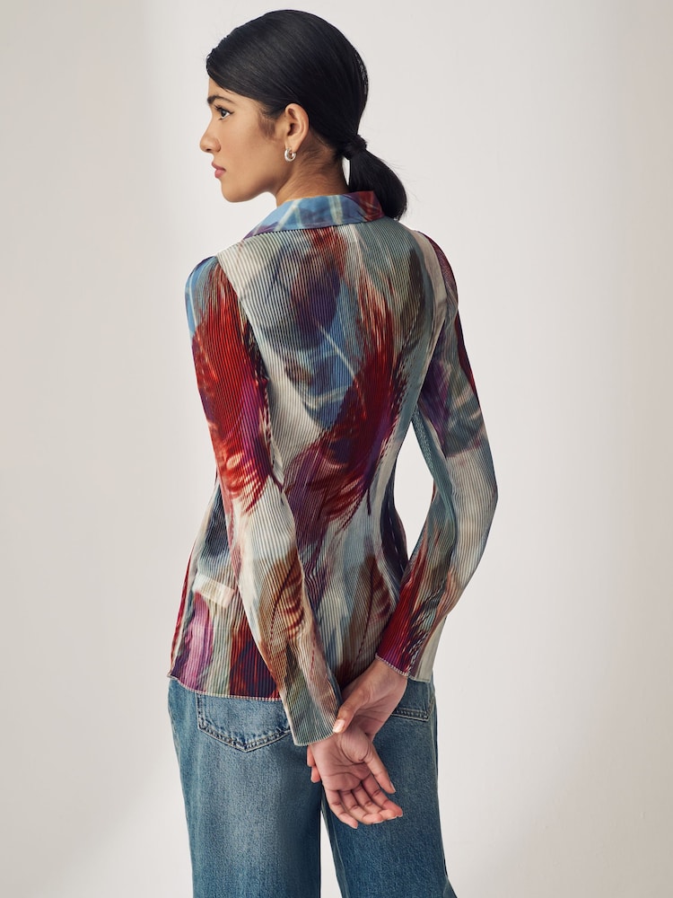 Green Multi Feather Print Pleated Long Sleeve Fitted Shirt - Image 3 of 6