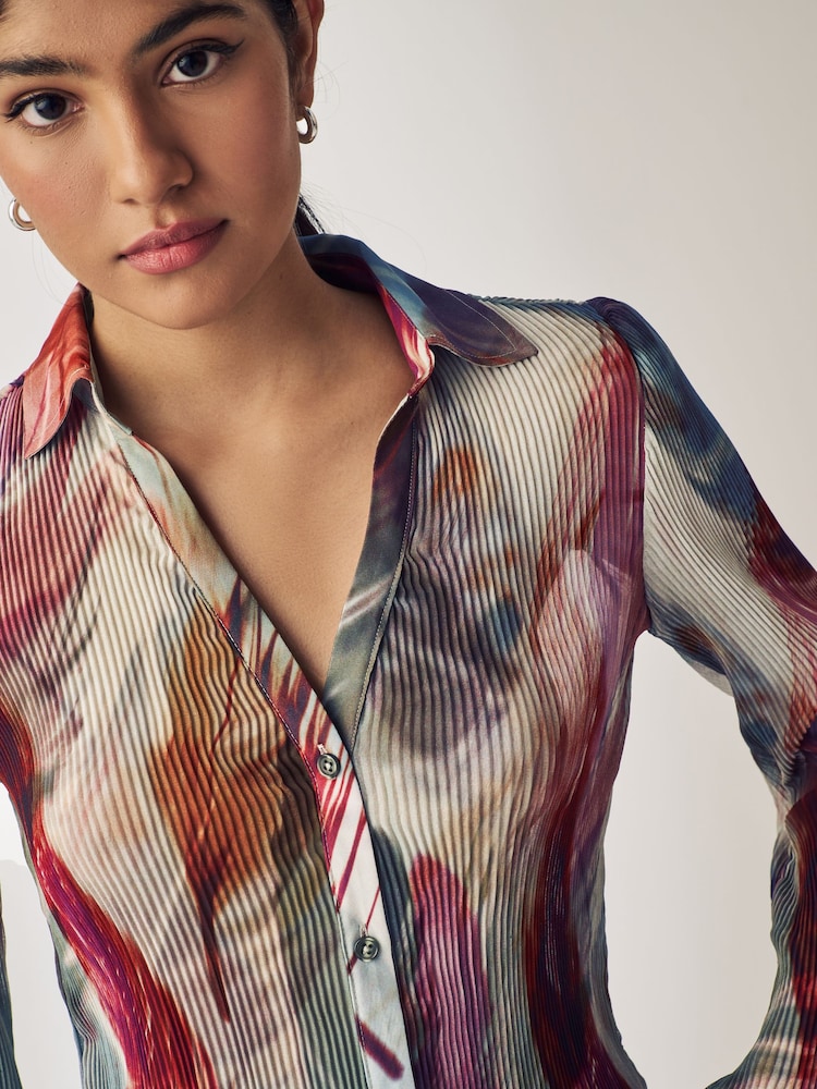 Green Multi Feather Print Pleated Long Sleeve Fitted Shirt - Image 4 of 6
