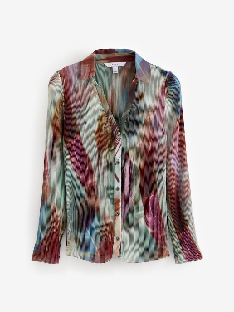 Green Multi Feather Print Pleated Long Sleeve Fitted Shirt - Image 5 of 6