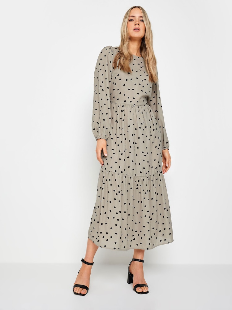 Long Tall Sally Beige Brown Spot Print Tiered Midi Dress - Image 1 of 4