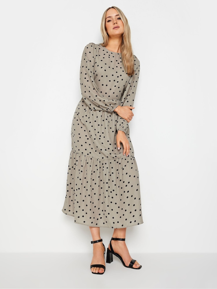 Long Tall Sally Beige Brown Spot Print Tiered Midi Dress - Image 2 of 4
