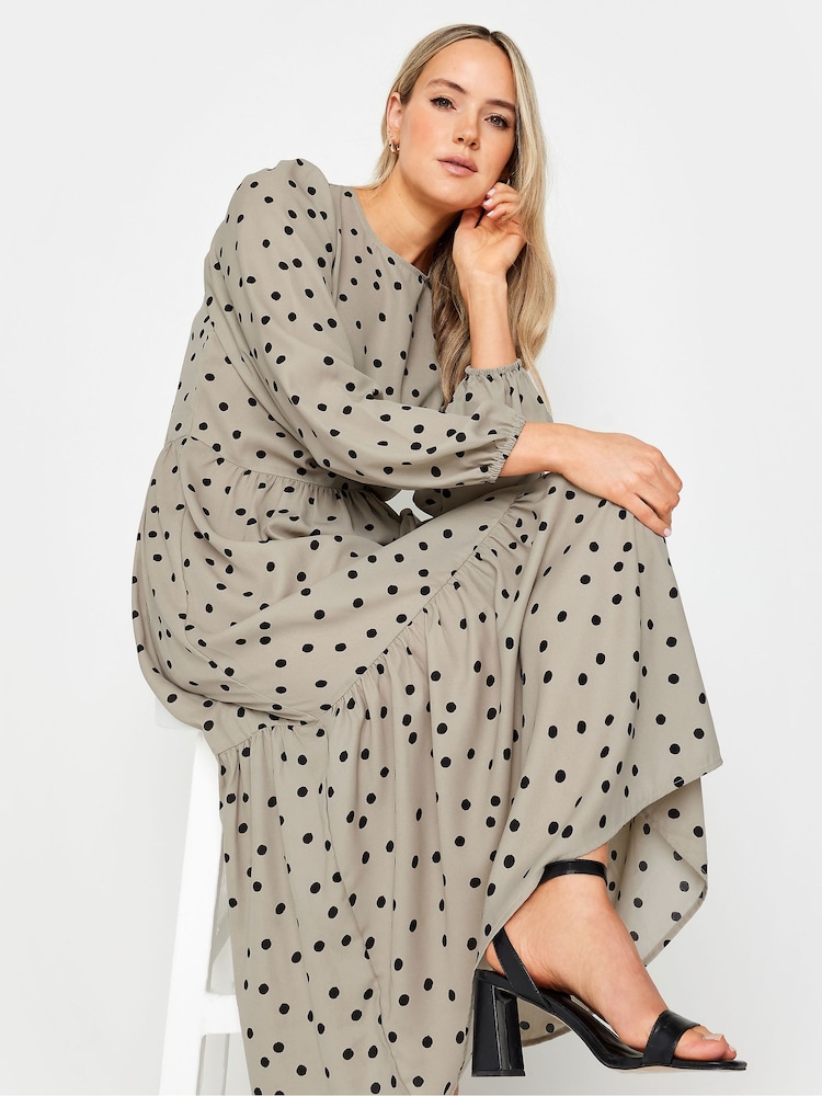 Long Tall Sally Beige Brown Spot Print Tiered Midi Dress - Image 4 of 4