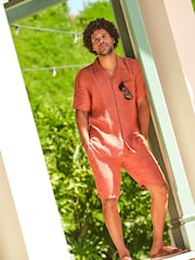 FatFace Seaton Orange Linen Pull On Shorts - Image 1 of 6