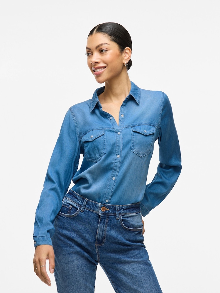 VILA Light Blue Pocket Detail Lightweight Denim Shirt - Image 3 of 3