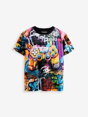 Black Graffiti Controller Short Sleeve All Over Print 100% Cotton Regular Fit T-Shirt (3-16yrs) - Image 1 of 5