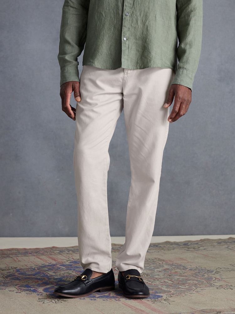 Light Grey Slim fit Premium Linen Drawstring Trousers - Image 1 of 11 Light Grey Slim fit Premium Linen Drawstring Trousers - Image 1 of 11