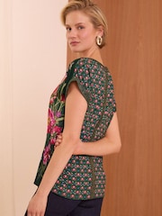 V&A | Love & Roses Green Floral Petite Satin Front Jersey Back Crew Neck T-Shirt - Image 3 of 4