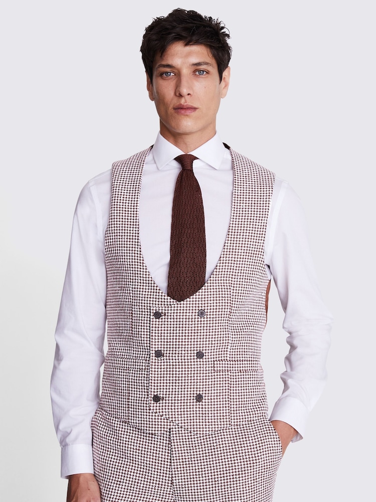 MOSS Copper Brown/White Slim Fit Copper Houndstooth Waistcoat - Image 1 of 3
