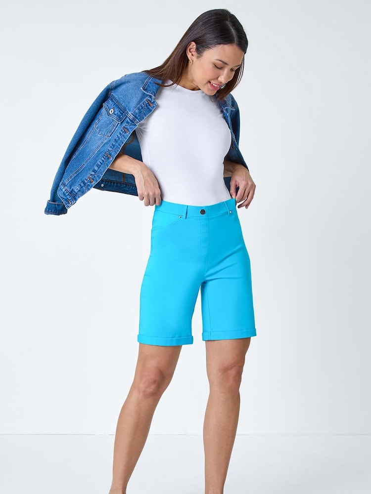 Roman Sky Blue Turned Hem Stretch Shorts - Image 2 of 5