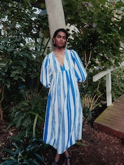 Whistles Blue Painted Stripe Gloria Linen/Cotton Blend Dress - Image 1 of 5