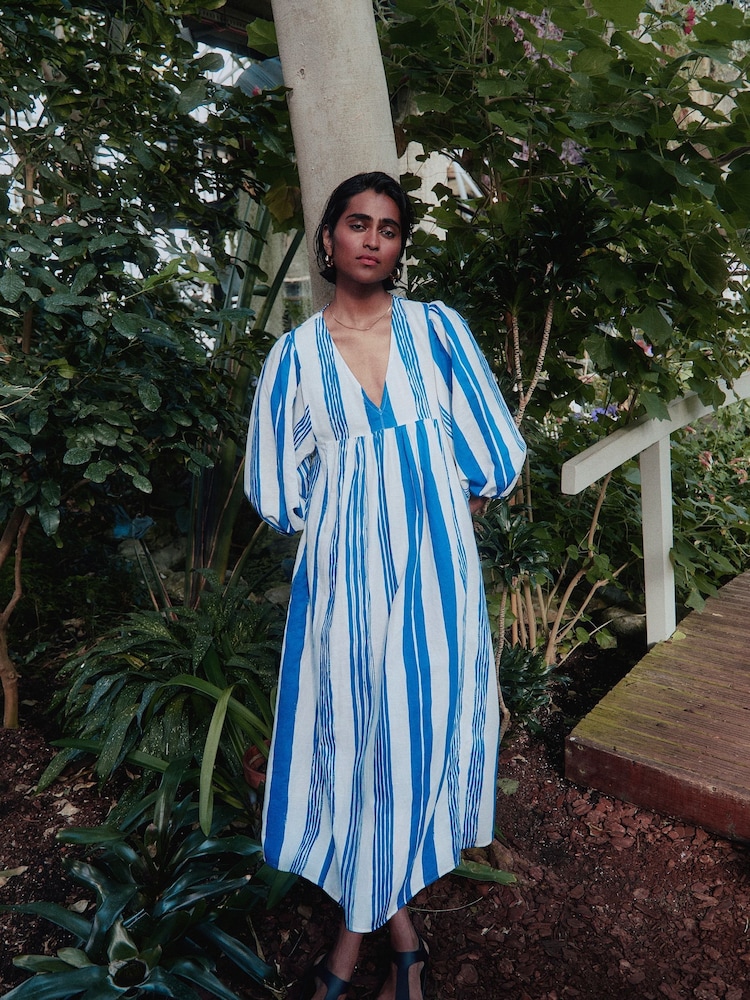 Whistles Blue Painted Stripe Gloria Linen/Cotton Blend Dress - Image 1 of 5