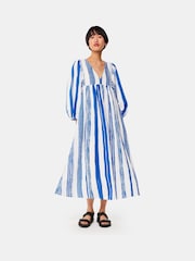 Whistles Blue Painted Stripe Gloria Linen/Cotton Blend Dress - Image 2 of 5