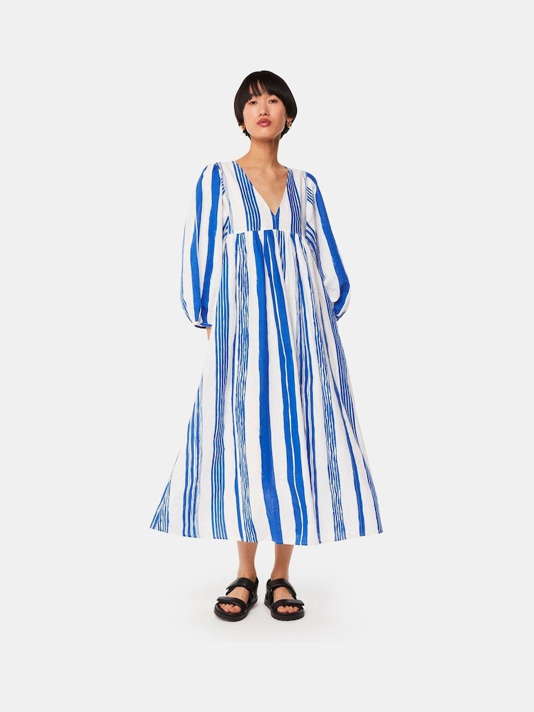 Whistles Blue Painted Stripe Gloria Linen/Cotton Blend Dress - Image 2 of 5 Whistles Blue Painted Stripe Gloria Linen/Cotton Blend Dress - Image 2 of 5