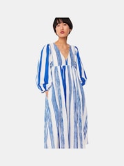 Whistles Blue Painted Stripe Gloria Linen/Cotton Blend Dress - Image 3 of 5