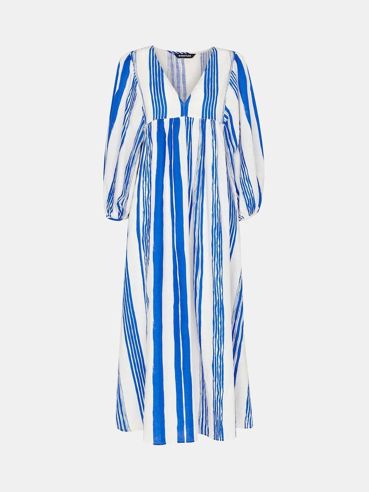 Whistles Blue Painted Stripe Gloria Linen/Cotton Blend Dress - Image 5 of 5