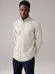 Ecru White Check Long Sleeve 100% Cotton Oxford Shirt - Image 1 of 9