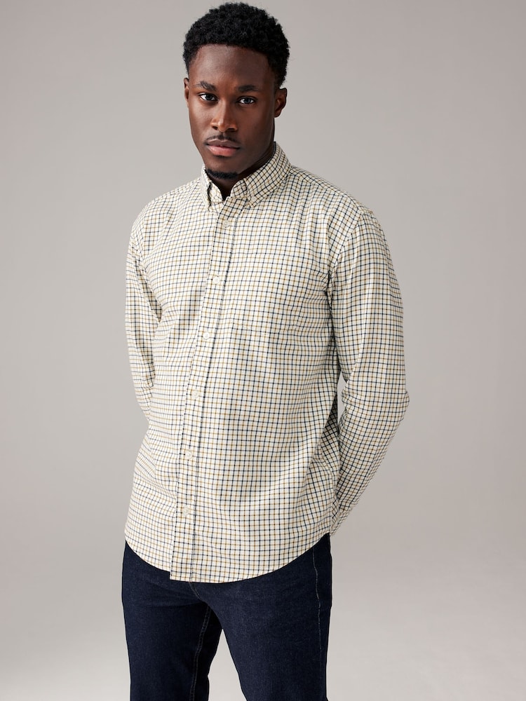 Ecru White Check Long Sleeve 100% Cotton Oxford Shirt - Image 1 of 9