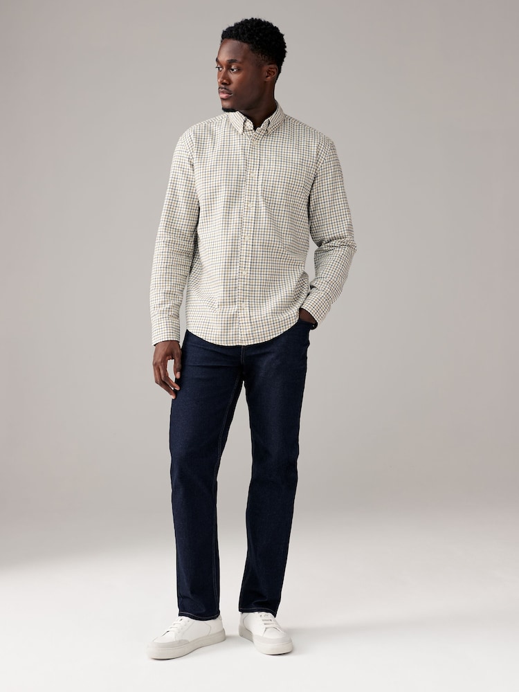 Biały ecru - Check Long Sleeve 100% Cotton Oxford Shirt - Image 3 of 9