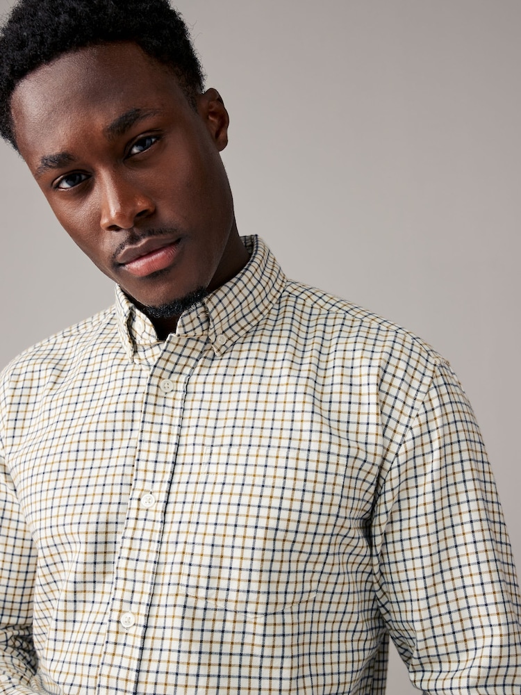Biały ecru - Check Long Sleeve 100% Cotton Oxford Shirt - Image 4 of 9