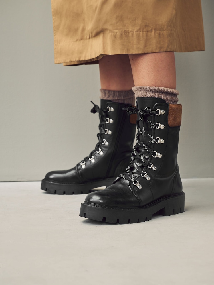 Black Leather Forever Comfort® Lace-Up Collared Hiker Boots - Image 1 of 9