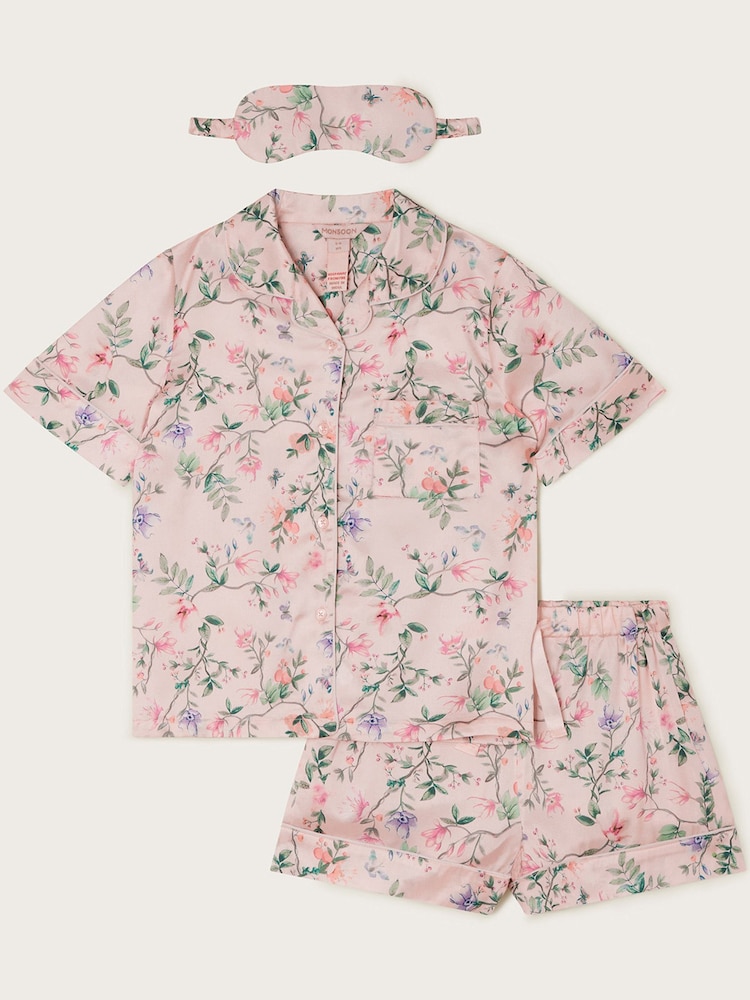Monsoon Pink Hydrangea Satin Shorts Pyjama Set - Image 1 of 3 Monsoon Pink Hydrangea Satin Shorts Pyjama Set - Image 1 of 3