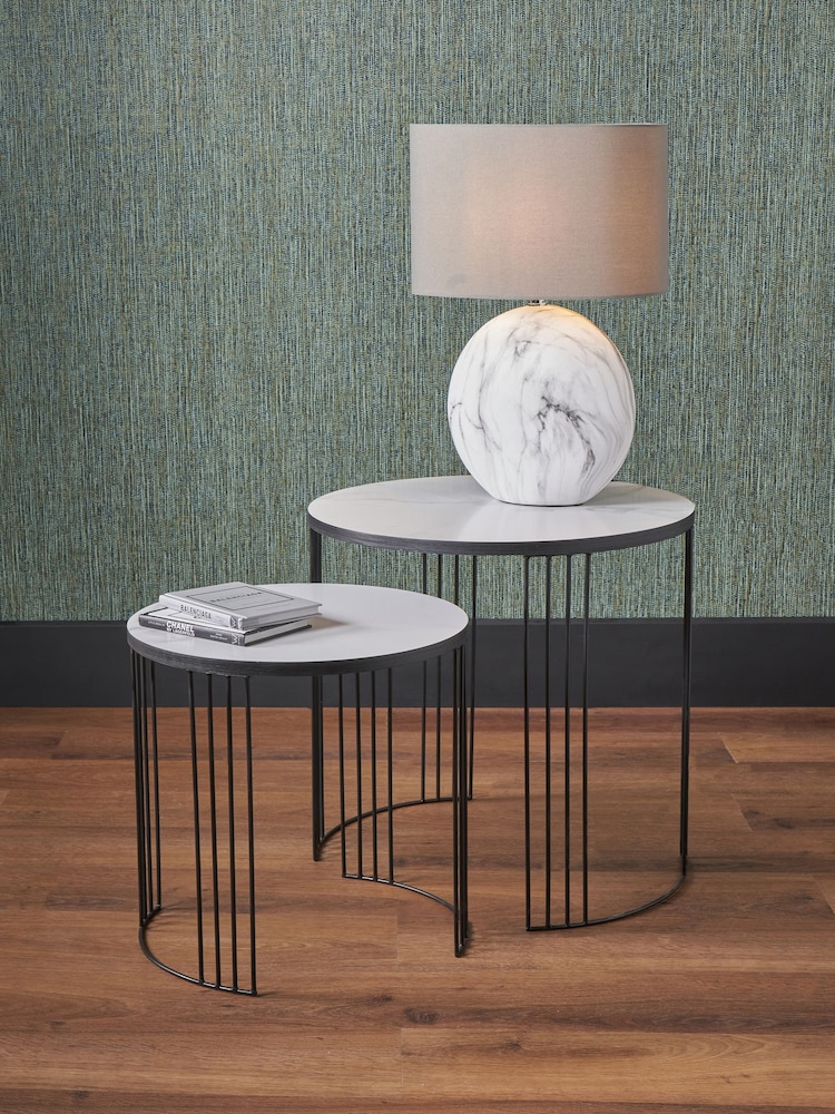 Pacific Set of 2 White/Black Marble Veneer Round Side Tables - Image 1 of 6