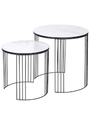 Pacific Set of 2 White/Black Marble Veneer Round Side Tables - Image 2 of 6