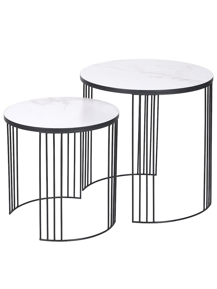 Pacific Set of 2 White/Black Marble Veneer Round Side Tables - Image 2 of 6