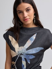Navy Floral Print Textured Ruched Side Short Sleeve Top - Image 1 of 4