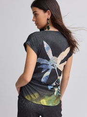 Navy Floral Print Textured Ruched Side Short Sleeve Top - Image 3 of 4