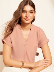 Friends Like These Pink V Neck Roll Sleeve Button Blouse - Image 1 of 4