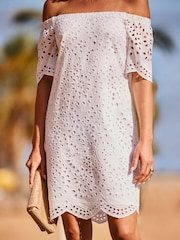 Sosandar White Broderie Bardot Dress - Image 3 of 5
