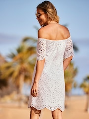 Sosandar White Broderie Bardot Dress - Image 4 of 5