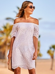 Sosandar White Broderie Bardot Dress - Image 5 of 5