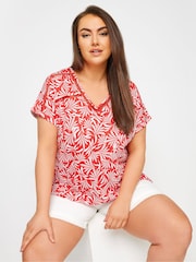 Yours Curve Red Leaf Print Bubble Hem Top - Image 1 of 5