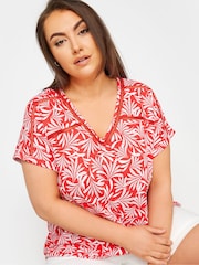 Yours Curve Red Leaf Print Bubble Hem Top - Image 4 of 5