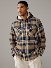 Tan Brown Check Hooded Borg Lined Shacket - Image 1 of 9