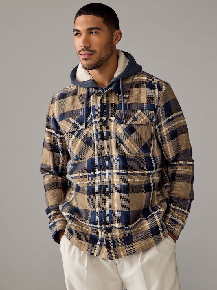 Tan Brown Check Hooded Borg Lined Shacket - Image 1 of 9