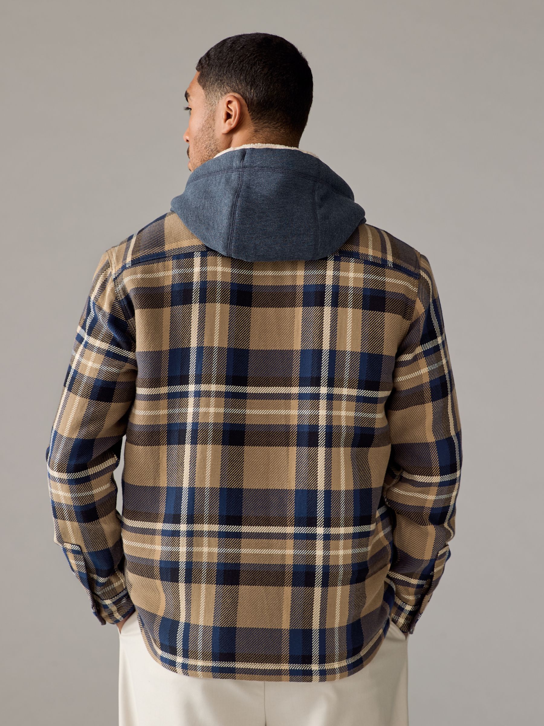 Buy Tan Brown Check Hooded Borg Lined Shacket from the Next UK online shop
