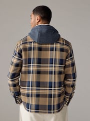 Tan Brown Check Hooded Borg Lined Shacket - Image 3 of 9