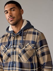 Tan Brown Check Hooded Borg Lined Shacket - Image 4 of 9