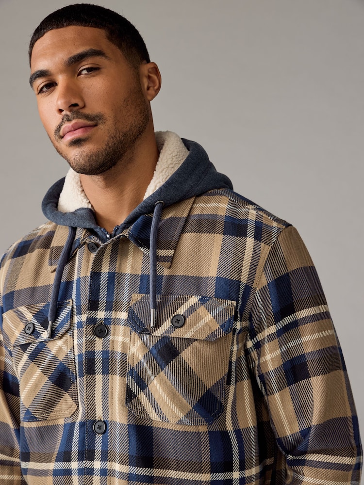 Tan Brown Check Hooded Borg Lined Shacket - Image 4 of 9