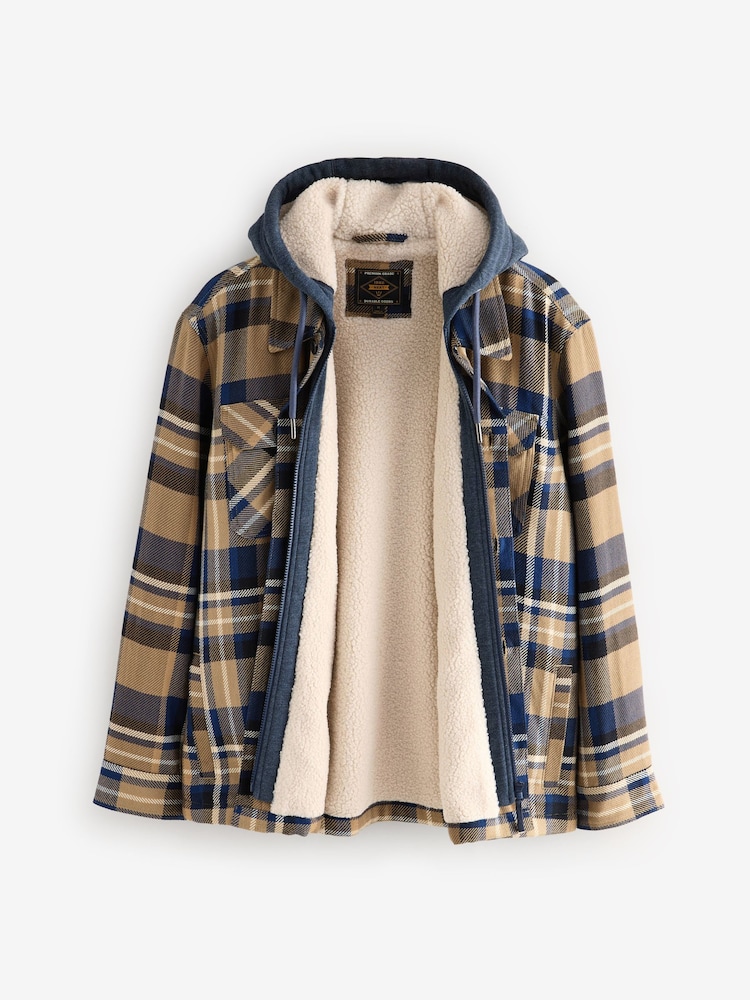 Tan Brown Check Hooded Borg Lined Shacket - Image 8 of 9