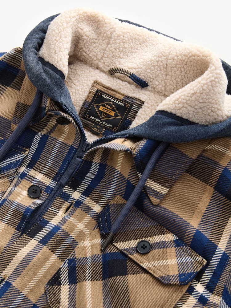 Tan Brown Check Hooded Borg Lined Shacket - Image 9 of 9